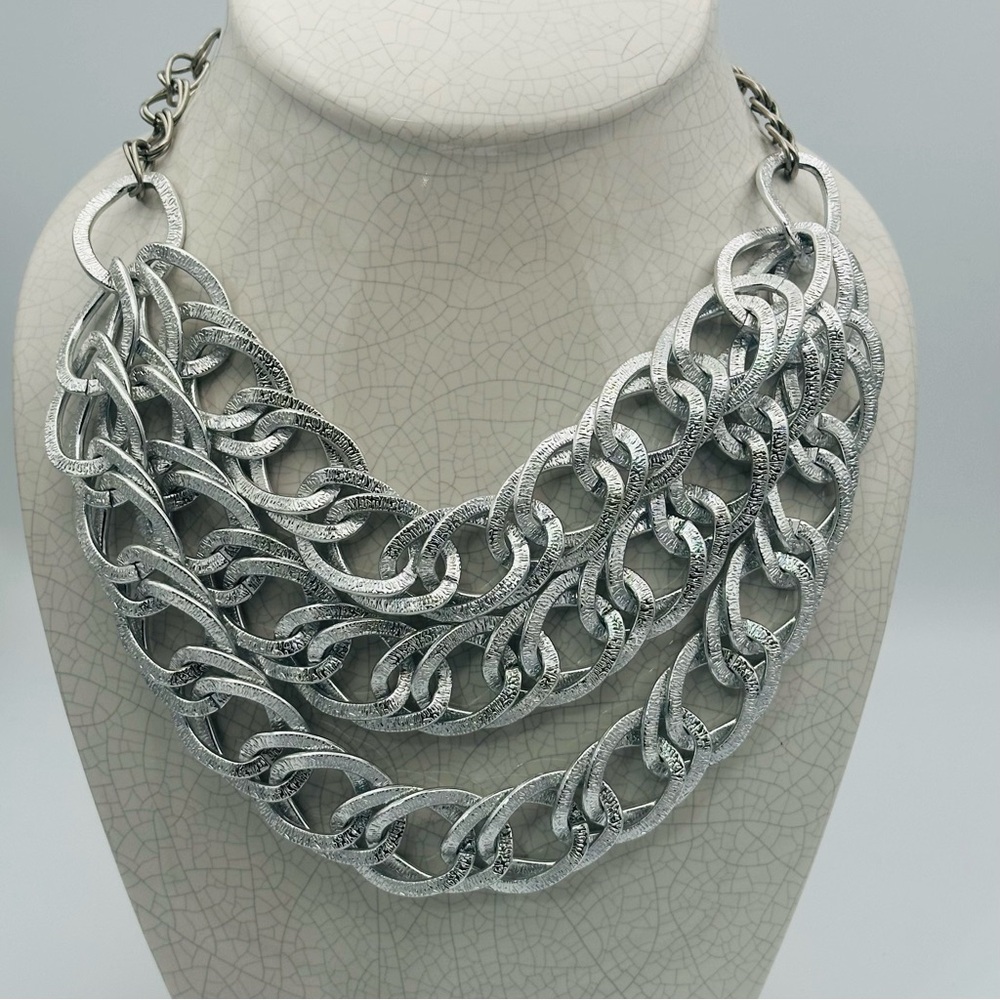 Silver Multi-Row Chain Link Chunky Statement Necklace - Picture 6 of 10